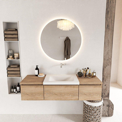 MONDIAZ BUKLA 140cm ensemble de meuble avec module 40 couleur Chêne blanchi avec 3 tiroirs. Lavabo CLOUD milieu 0 trous de robinet couleur Talc.