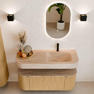 MONDIAZ THOR-DLUX 120cm badmeubel ronding links + rechts kleur Oak met 1 lade en 2 deuren. Vrijhangende wastafel CLOUD Rechts 1 kraangat kleur Saba.