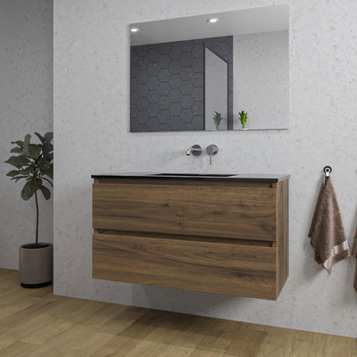 Saniclass Chaci Meuble de salle de bain - 100x46x55cm - lavabo en céramique noir - 1 vasque - sans trous de robinet - 2 tiroirs - miroir rectangulaire - noyer (hout)
