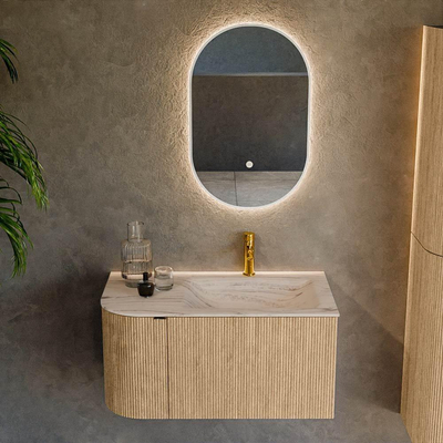 MONDIAZ KURVE-DLUX 85cm badmeubel ronding Links kleur Oak met 1 lade en 1 deur. Wastafel CLOUD Rechts 1 kraangat Nata.