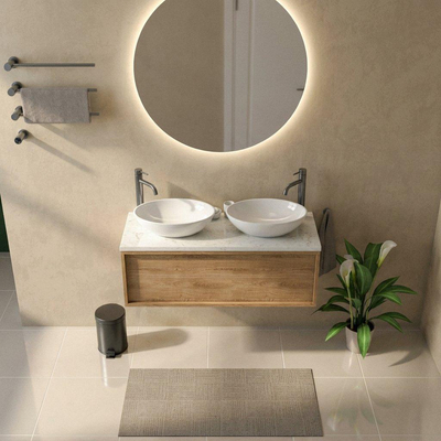 Saniclass Holz Frame Ensemble meuble de salle de bains - 120x45x43cm - Plan vasque en marbre Dia poli (blanc) - 2 trous de robinet - 1 tiroir - chêne natural mat (bois)