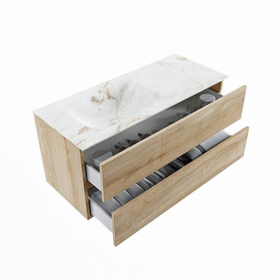 VICA-DLUX 110 cm en finition Chêne Lavé (Washed Oak), avec 2 tiroirs. Vasque encastrée CLOUD à gauche, 1 trou pour robinet, coloris Frappe.