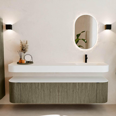 MONDIAZ THOR 190cm meuble de salle de bains arrondi gauche + droite couleur Shadow avec 2 tiroirs et 2 portes. Vasque suspendue CLOUD droite 1 trou de robinet couleur Talc.