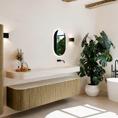 MONDIAZ THOR-DLUX Meuble de salle de bains - 190cm - arrondi gauche + droite - couleur Dusk - 2 tiroirs et 2 portes - Vasque suspendue CLOUD Droite sans trou de robinet - couleur Meli