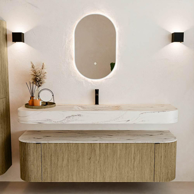 MONDIAZ THOR-DLUX 160cm meuble de salle de bains arrondi gauche + droite couleur Dusk avec 1 tiroir et 2 portes. Vasque suspendue CLOUD Milieu 1 trou de robinet couleur Nata.