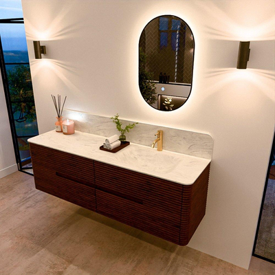 Mondiaz CIRO-DLUX Badkamermeubelset - 160x45x50cm - Solid surface wastafel Opalo - 1 wasbak Rechts - 1 kraangat - 4 lades - Ruby