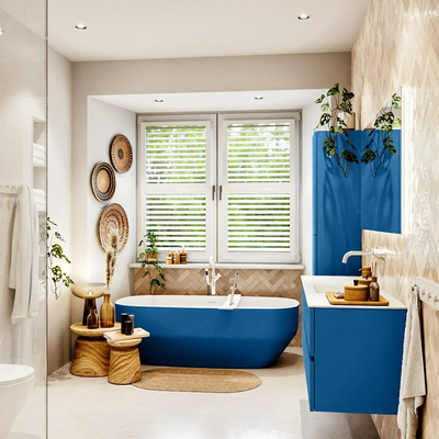 Mondiaz VICA ensemble de meuble de salle de bain - 140cm - meuble sous-vasque jeans - 2 tiroirs - lavabo cloud milieu - sans trous de robinet - couleur talc - miroir LED - version XL 60cm haut