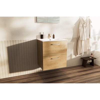 Nemo Go Ensemble de meuble - 60x65x45.5cm - 2 tiroirs - avec poignée - 1 vasque Blanc mat - 1 trous de robinet - avec miroir - MDF Riverside oak