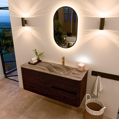 Mondiaz CIRO-DLUX Badkamermeubelset - 120x45x50cm - Solid surface wastafel Sombra - 1 wasbak Rechts - 1 kraangat - 2 lades - Walnut