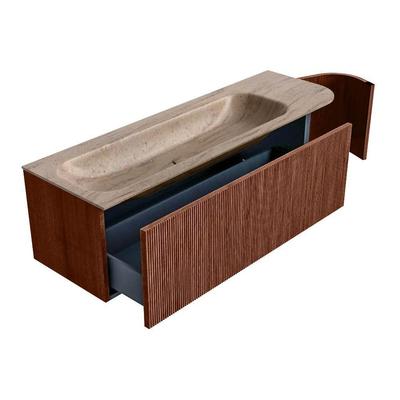 MONDIAZ KURVE-DLUX Meuble de salle de bains 145cm arrondi à droite couleur Ruby avec 1 tiroir et 1 porte. Lavabo BIG LARGE gauche sans trou de robinet Saba.