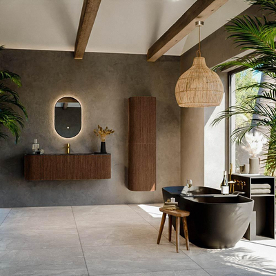 MONDIAZ KURVE-DLUX 140cm Meuble salle de bain avec module 25 G et D - couleur Walnut - 1 tiroir - 2 portes - vasque BIG SMALL centre - 1 trou de robinet - couleur Lava