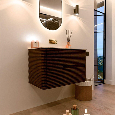 Mondiaz CIRO-DLUX Badkamermeubelset - 80x45x50cm - Solid surface wastafel Frappe - 1 wasbak Midden - zonder kraangaten - 2 lades - Walnut