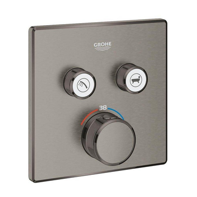 Grohe - Adema Rise Ensemble de douche pluie - carré - coude mural avec support de douchette - flexible de douche lisse - douchette à main barre - bras mural - douchette de tête 25 cm - thermostat encastré Grohe SmartControl - graphite dur brossé