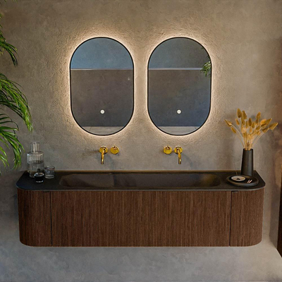 MONDIAZ KURVE 170cm badmeubel met module 25 Len R kleur Walnut met 1 lade en 2 deuren. Wastafel BIG LARGE midden zonder kraangat Urban.