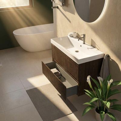 Saniclass Holz Atelier Ensemble meuble de salle de bains - 100x45x67.5cm - lavabo en céramique Wave - 1 vasque - 1 trou de robinetterie - 2 tiroirs - chêne charcoal mat (bois)
