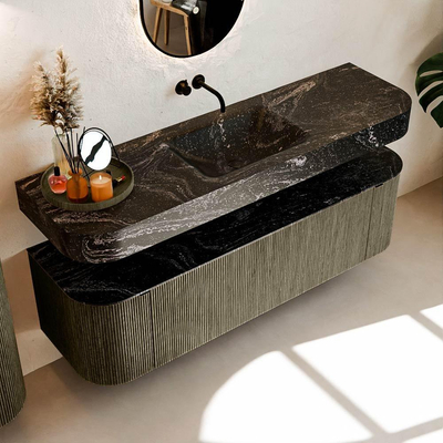 MONDIAZ THOR-DLUX 160cm meuble de salle de bains arrondi gauche + droite couleur Shadow avec 1 tiroir et 2 portes. Vasque suspendue CLOUD Milieu sans trou de robinet couleur Lava.