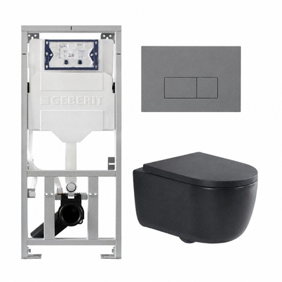 QeramiQ Dely Swirl Pack WC suspendu - 36.3x51.7cm - bâti-support Geberit UP320 - abattant 35mm - plaque de commande gris clair - boutons rectangulaires - noir mat