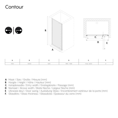 Sealskin Contour porte pivotante pour niche 90 cm, 200 cm de haut, inox, verre de sécurité clair 6 mm