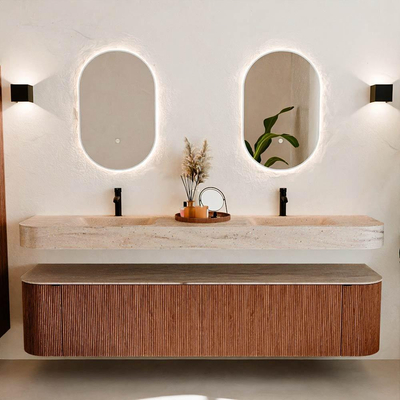 MONDIAZ THOR-DLUX 200cm meuble de salle de bains arrondi gauche + droite couleur Ruby avec 2 tiroirs et 2 portes. Vasque suspendue CLOUD Double 2 trous de robinet couleur Saba.