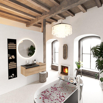 MONDIAZ BUKLA meuble de salle de bain 100cm avec module 40 couleur Chêne blanchi avec 2 tiroirs. Lavabo CLOUD gauche 1 trou de robinet couleur Urbaine.