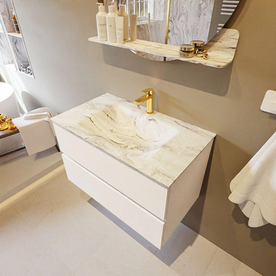 Mondiaz VICA-DLUX ensemble de meuble de salle de bain - 80cm - meuble sous lavabo talc - 2 tiroirs - lavabo encastré cloud milieu - 1 trou de robinet - version haute de 60cm - glace