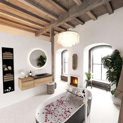 MONDIAZ BUKLA 120cm meuble de salle de bain avec module 40 couleur Chêne blanchi avec 2 tiroirs. Lavabo CLOUD à droite 0 trous de robinet couleur Urbaine.