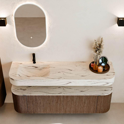 MONDIAZ THOR-DLUX 160cm badmeubel ronding links + rechts kleur Walnut met 1 lade en 2 deuren. Vrijhangende wastafel CLOUD Links 1 kraangat kleur Nata.