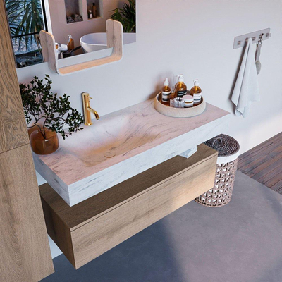 Mondiaz ALAN-DLUX Ensemble de meuble - 110cm - meuble Washed Oak mat - 1 tiroir - Lavabo Cloud Opalo suspendu - vasque Gauche - 1 trou de robinet