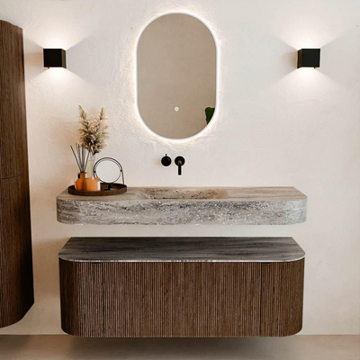 MONDIAZ THOR-DLUX 130cm badmeubel ronding links + rechts kleur Walnut met 1 lade en 2 deuren. Vrijhangende wastafel CLOUD Midden zonder kraangat kleur Oza.