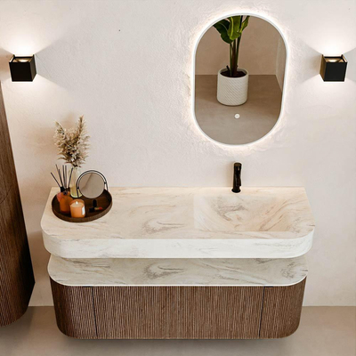 MONDIAZ THOR-DLUX 140cm meuble de salle de bains arrondi gauche + droite couleur Walnut avec 1 tiroir et 2 portes. Vasque suspendue CLOUD droite 1 trou de robinet couleur Ostra.