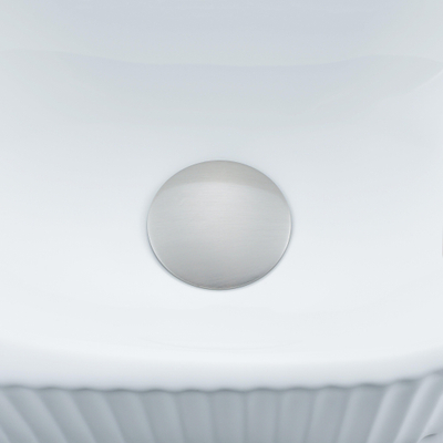 QeramiQ Fuente Ensemble de Lavabo - 40x21.5x12cm - strié - demi-rond - céramique - ensemble de robinet en acier inoxydable brossé - bouchon de vidange - siphon réduit - blanc brillant