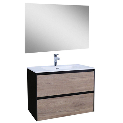Adema Industrial Badmeubelset 80x45.5x58cm met overloop inclusief spiegel zonder verlichting hout/zwart