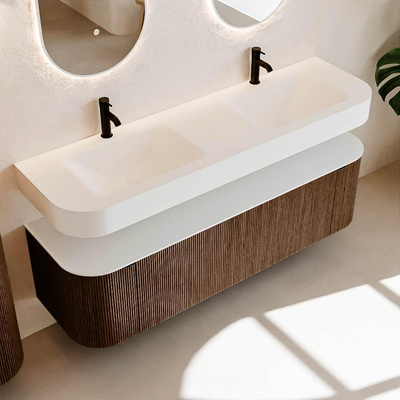 MONDIAZ THOR 160cm meuble de salle de bains arrondi gauche + droite couleur Walnut avec 1 tiroir et 2 portes. Vasque suspendue CLOUD Double 2 trous de robinet couleur Talc.