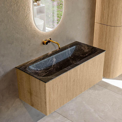 MONDIAZ KURVE-DLUX 100cm badmeubel kleur Oak met 1 lade. Wastafel BIG MEDIUM midden zonder kraangat kleur Lava.