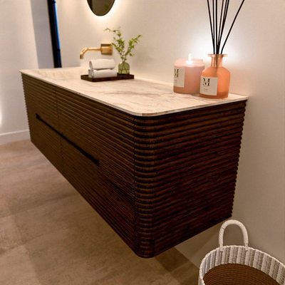 Mondiaz CIRO-DLUX Badkamermeubelset - 150x45x50cm - Solid surface wastafel Frappe - 1 wasbak Links - zonder kraangaten - 4 lades - Walnut