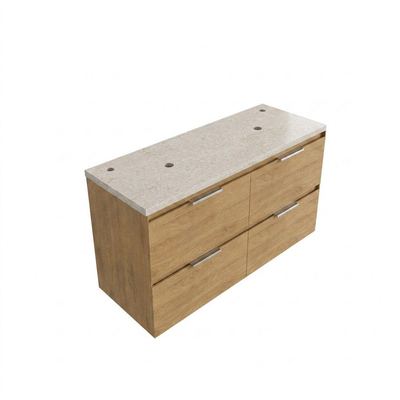 Saniclass Holz Pure Ensemble de meuble de salle de bains - 120x45x63cm - Plan de travail en pierre naturelle travertin - 2 trous de robinetterie - 4 tiroirs - chêne natural mat (bois)