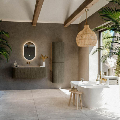 MONDIAZ KURVE-DLUX Meuble de salle de bains 130cm avec arrondi Gauche + Droite couleur Shadow avec 1 tiroir et 2 portes. Lavabo BIG SMALL Central sans trou de robinet Sombra.