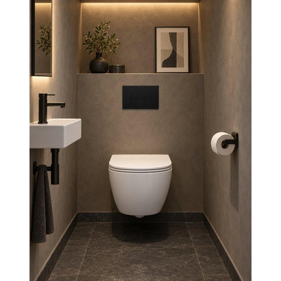 QeramiQ Dely Swirl Compact Toiletset - inbouwreservoir QeramiQ flush - slim zitting - metalen bedieningsplaat mat zwart- rechthoekige knoppen - glans wit