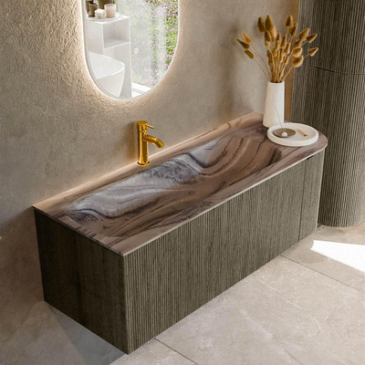 MONDIAZ KURVE-DLUX Meuble de salle de bains 125cm arrondi Droite couleur Shadow avec 1 tiroir et 1 porte. Lavabo BIG MEDIUM Gauche 1 trou de robinet Sombra.