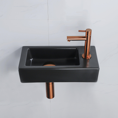 QeramiQ Fontein Fonteinset - 37.5x18.5x9cm - céramique - trou de robinet à droite - robinet lave-mains en cuivre brossé - bonde de vidage - siphon abaissé - Noir Mat