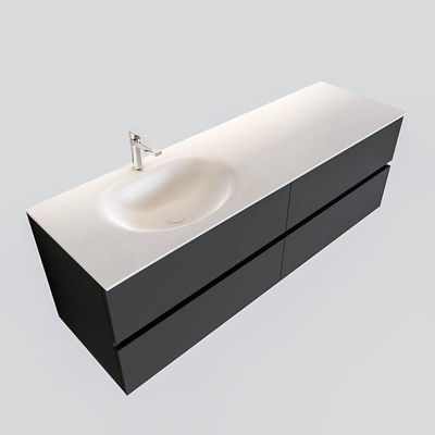 MONDIAZ VICA Ensemble de meuble salle de bain - 150cm - 4 tiroirs - lavabo Moon gauche - 1 trou de robinet - solid surface gris foncé