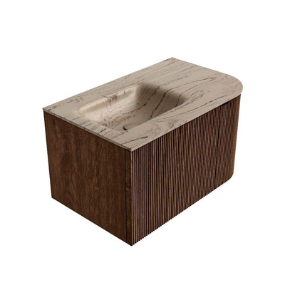 MONDIAZ KURVE-DLUX meuble de salle de bains 75cm arrondi à droite couleur noyer avec 1 tiroir et 1 porte. Lavabo GRUNNE gauche 1 trou de robinet Arena.