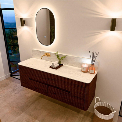 Mondiaz CIRO-DLUX Ensemble de meubles de salle de bains - 150x45x50cm - plan-vasque solid surface Opalo - 1 vasque à gauche - sans trous de robinet - 4 tiroirs - Ruby