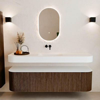 MONDIAZ THOR Meuble de salle de bains 170cm arrondi gauche + droite couleur Walnut avec 1 tiroir et 2 portes. Vasque suspendue CLOUD Milieu sans trou de robinet couleur Talc.