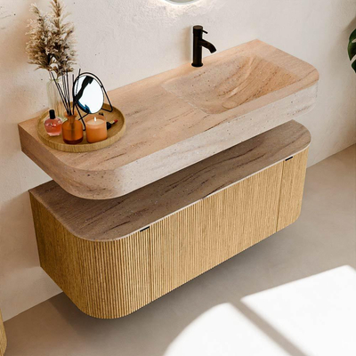 MONDIAZ THOR-DLUX 120cm badmeubel ronding links + rechts kleur Oak met 1 lade en 2 deuren. Vrijhangende wastafel CLOUD Rechts 1 kraangat kleur Saba.