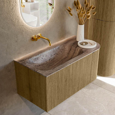 MONDIAZ KURVE-DLUX Meuble de salle de bains 95cm arrondi à droite couleur Dusk avec 1 tiroir et 1 porte. Lavabo BIG SMALL gauche sans trou de robinet Oza.