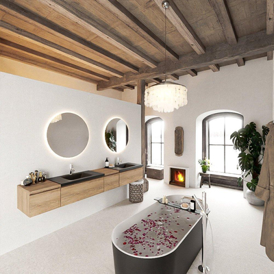 MONDIAZ BUKLA 240cm ensemble de meuble avec module 40 à droite couleur Chêne blanchi avec 4 tiroirs. Lavabo CLOUD double 2 trous de robinet couleur Urbaine.