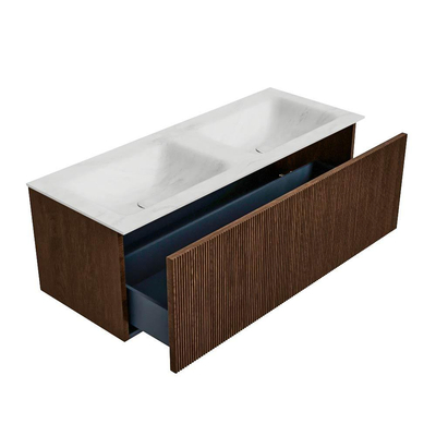 MONDIAZ KURVE-DLUX Meuble de salle de bains 120cm couleur Walnut avec 1 tiroir. Lavabo LEAF double 2 trous de robinet couleur Opalo.