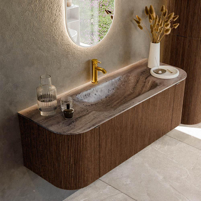 MONDIAZ KURVE-DLUX 130cm badmeubel ronding Links + Rechts kleur Walnut met 1 lade en 2 deuren. Wastafel BIG SMALL Midden 1 kraangat Oza.