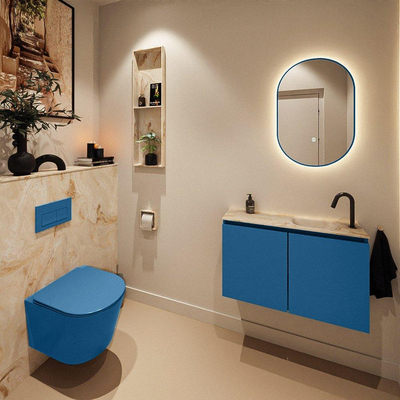 MONDIAZ TURE-DLUX Meuble toilette - 80cm - Jeans - EDEN - vasque Frappe - position droite - 1 trou de robinet